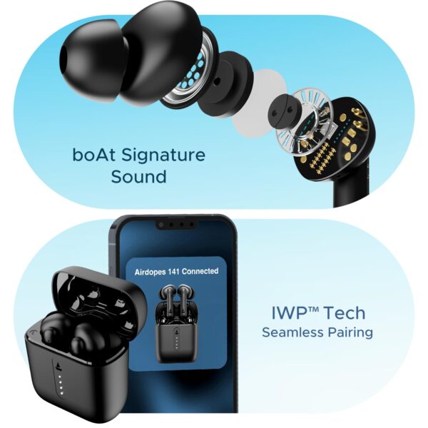 Boat Airdopes 141, Low Latency, ENx Tech, 42HRS Battery, Fast Charge, IWP, IPX4, v5.1 Bluetooth Earbuds, TWS Ear Buds Wireless Earphones with mic (Bold Black) - Image 2