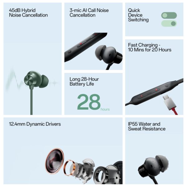 OnePlus Bullets Wireless Z2 ANC Bluetooth in Ear Earphones with Mic, 45dB Hybrid ANC, Bombastic Bass - 12.4 mm Drivers, 10 Mins Charge - 20 Hrs Music, 28 Hrs Battery (Booming Black) - Image 7