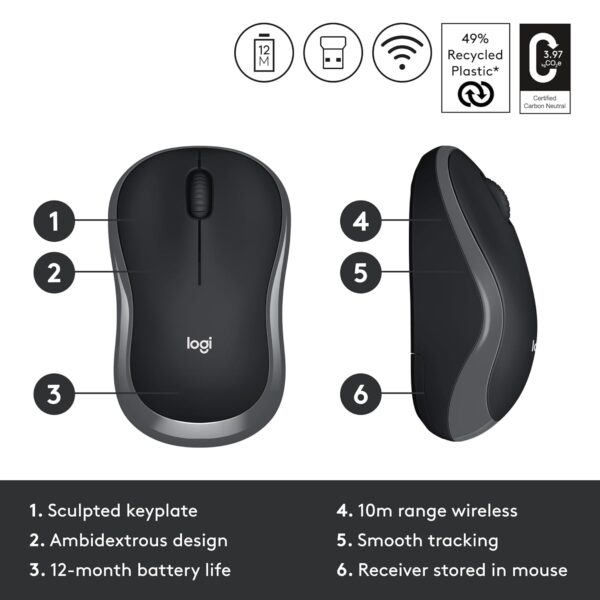 Logitech M186 Wireless Mouse, 2.4GHz with USB Mini Receiver, 12-Month Battery Life, 1000 DPI Optical Tracking, Ambidextrous, Compatible with PC, Mac, Laptop - Image 7