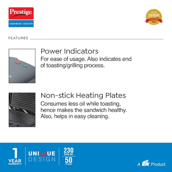 Prestige PGMFB 800 Watt Grill Sandwich Toaster with Fixed Grill Plates, Black - Image 5