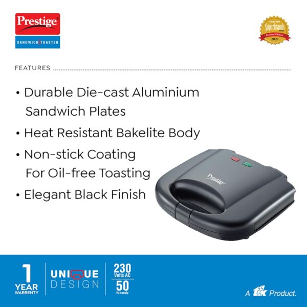 Prestige PGMFB 800 Watt Grill Sandwich Toaster with Fixed Grill Plates, Black - Image 4