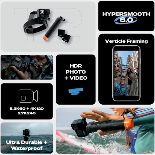 GoPro Hero12 Bundle Pack - Includes Hero12 Action Camera, 2-Batteries, Floating Hand Grip, Head Strap, Curved Adhesive Mount, Mounting Buckle, Carrying Case (1-Yr International + 1-Yr India Warranty - Image 8