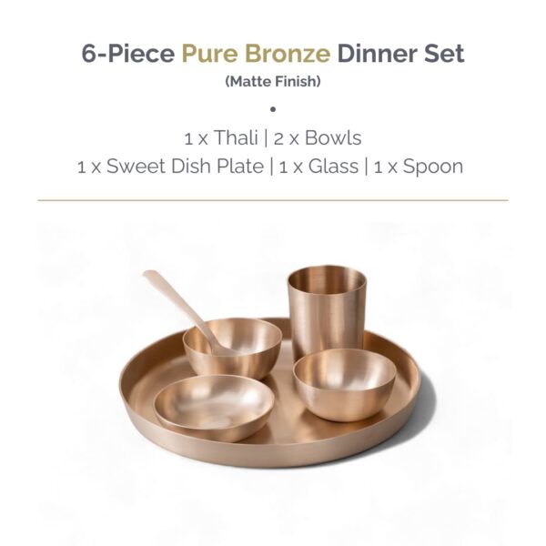 Veda Essentials. 6-Piece Kansa Solid Dinner Set|Matte Finish|1 Plate (10.5" Thali),2 Bowls,1 Glass,1 Sweet Dish Plate,1 Spoon|Authentic Indian Dining Collection - Bronze Dinner Set - Image 8