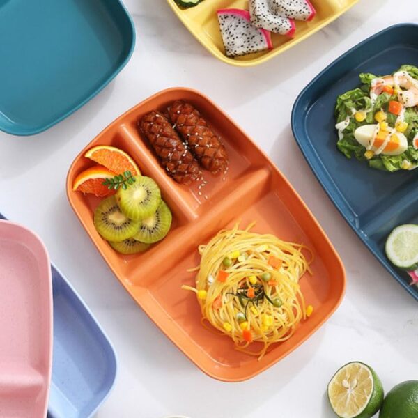 aDai Japanese Style Wheat Straw Dinner Plates, Stylish Stripe Design, Divided 3-Compartment Rectangular Serving Dishes – Microwave & Dishwasher Safe Tableware for Dinner, Snacks & Parties