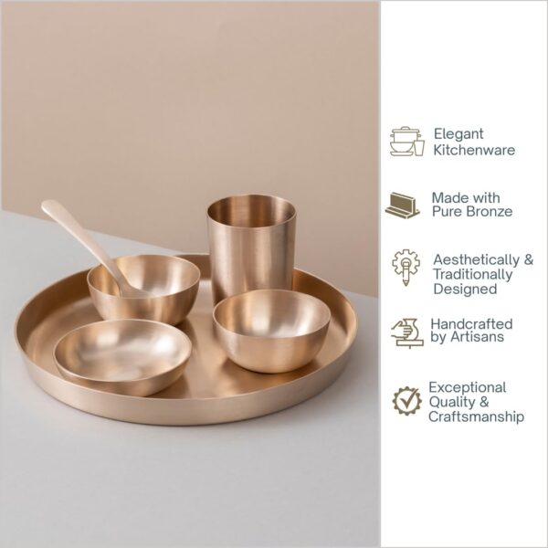 Veda Essentials. 6-Piece Kansa Solid Dinner Set|Matte Finish|1 Plate (10.5" Thali),2 Bowls,1 Glass,1 Sweet Dish Plate,1 Spoon|Authentic Indian Dining Collection - Bronze Dinner Set - Image 2