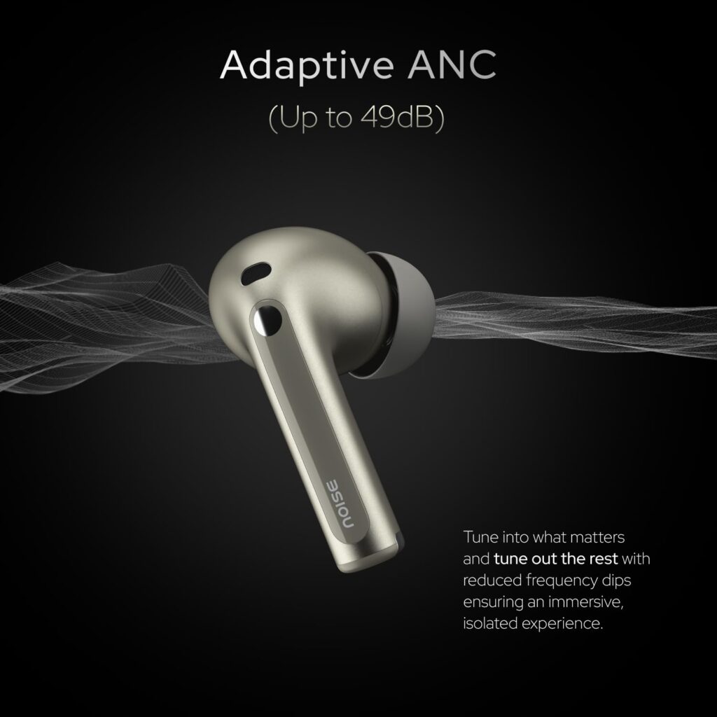 Version 1.0.0 alt="Close-up of Noise Master Buds earbuds showing ergonomic in-ear design"