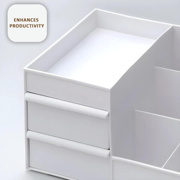 Kuber Industries 8 Compartments Stationary Oragnizers for Desk & Pen Holder for Study Table | Pencil Box with Drawers for Students | White - Image 3