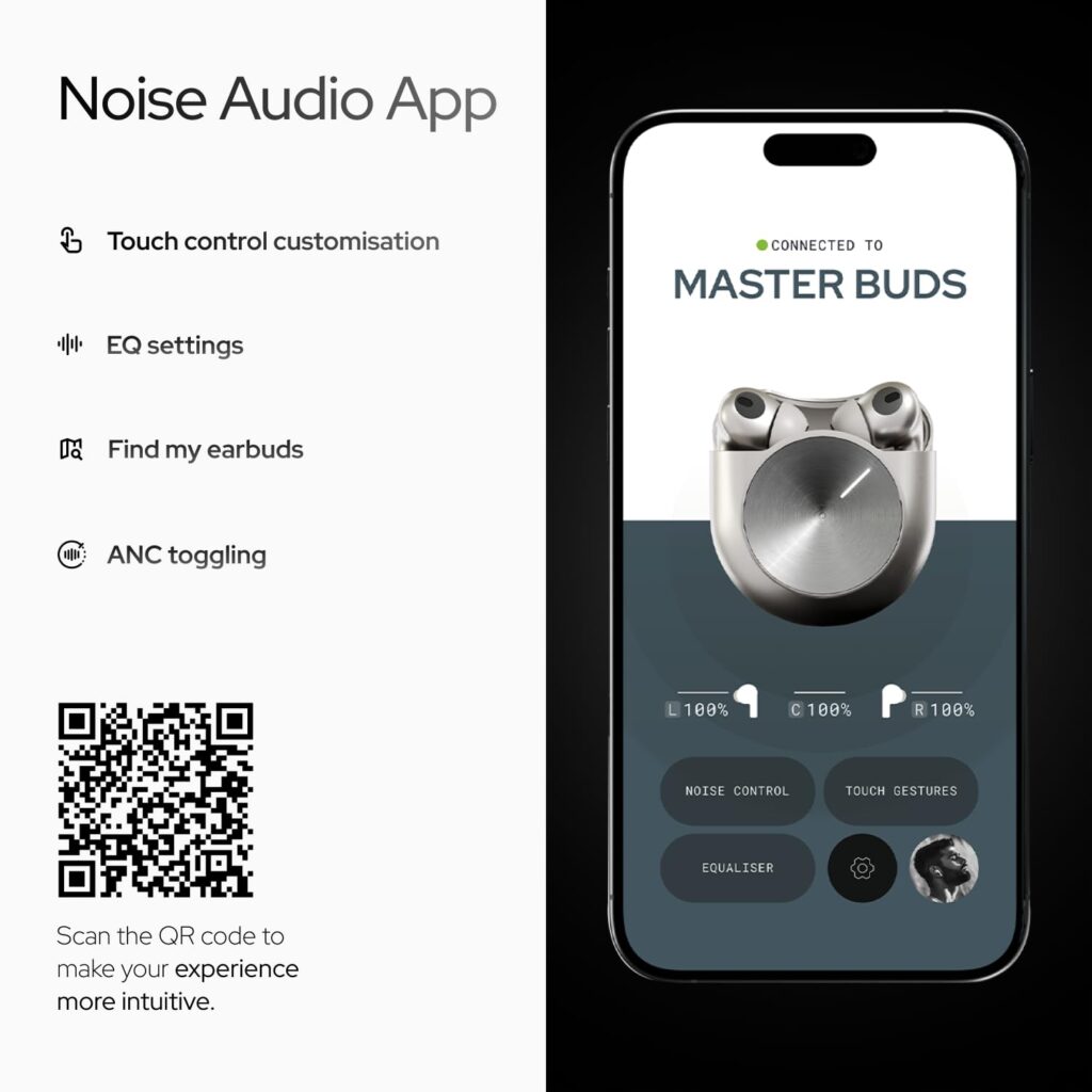 Version 1.0.0 alt="Noise Audio App interface for customizing Noise Master Buds controls and EQ"