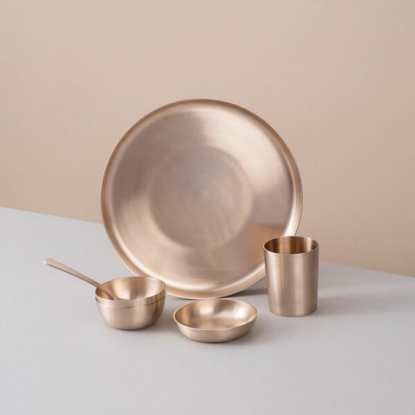 Veda Essentials. 6-Piece Kansa Solid Dinner Set|Matte Finish|1 Plate (10.5" Thali),2 Bowls,1 Glass,1 Sweet Dish Plate,1 Spoon|Authentic Indian Dining Collection - Bronze Dinner Set - Image 7