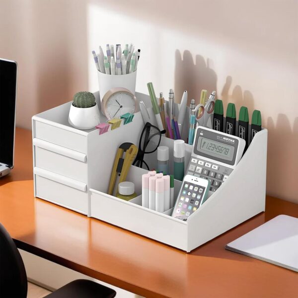 Kuber Industries 8 Compartments Stationary Oragnizers for Desk & Pen Holder for Study Table | Pencil Box with Drawers for Students | White - Image 7