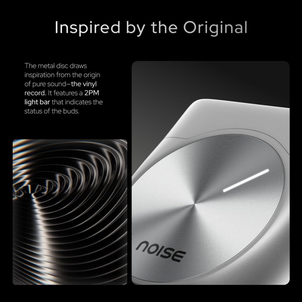 Version 1.0.0 alt="Close-up of Noise Master Buds earbuds showing ergonomic in-ear design"