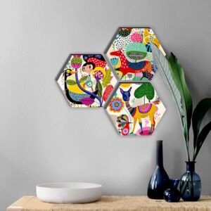 SAF Wood Set Of 3 Hexagon Kid'S Room Decor Modern Art 6Mm Mdf Uv Textured Home Decorative Gift Item 12 Inch X 12 Inch Abstract Painting Sanfhx17
