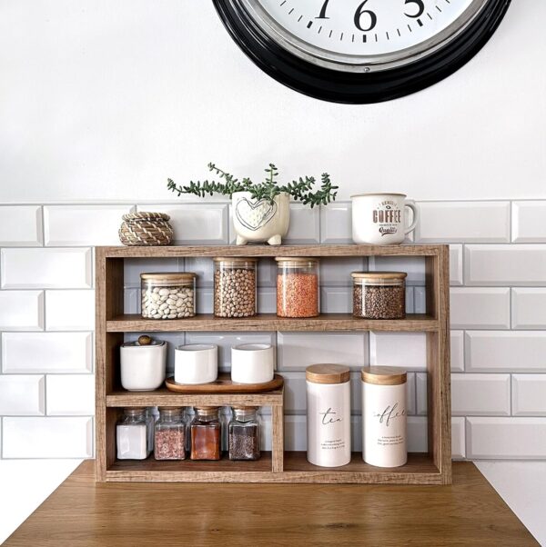 Insight Arts Wood Kitchen Counter Shelf, Countertop Spice Rack Organizer, Modern Farmhouse Decor - Brown M - Image 2