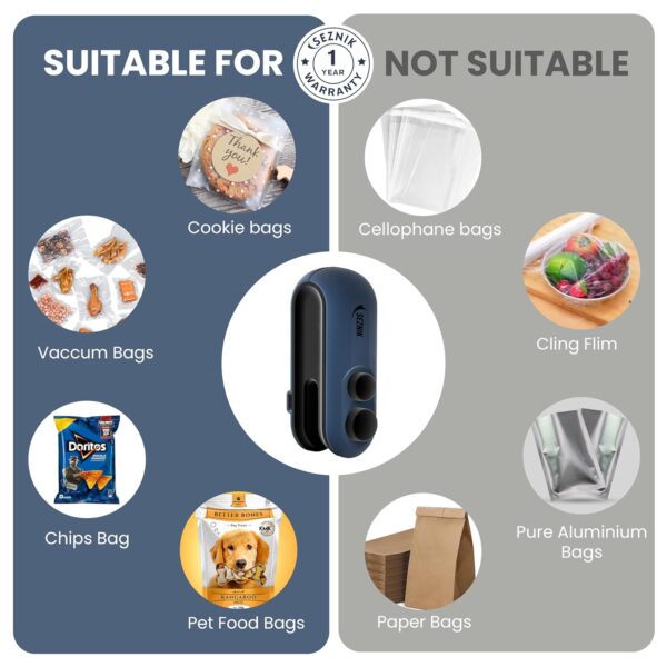 Seznik Portable Mini Sealing Machine, Handheld Packet Sealer for Food, Snacks, Chips, Fresh Storage, Plastic Bags Sealing Machine, 1 YEAR Warranty (Dark Blue) - Image 3