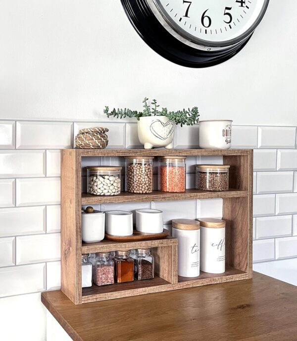 Insight Arts Wood Kitchen Counter Shelf, Countertop Spice Rack Organizer, Modern Farmhouse Decor - Brown M - Image 4