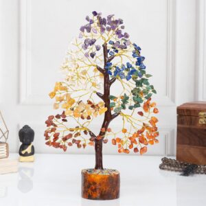 HindCraft Chakra Tree of Life - Crystal Tree for Positive Energy, Feng Shui Tree, Home Decor - 7 Chakra Tree, Crystal Decor - Meditation Decor Luck Figurine, Wealth Prosperity, 200 Beads, 8-10 Inch