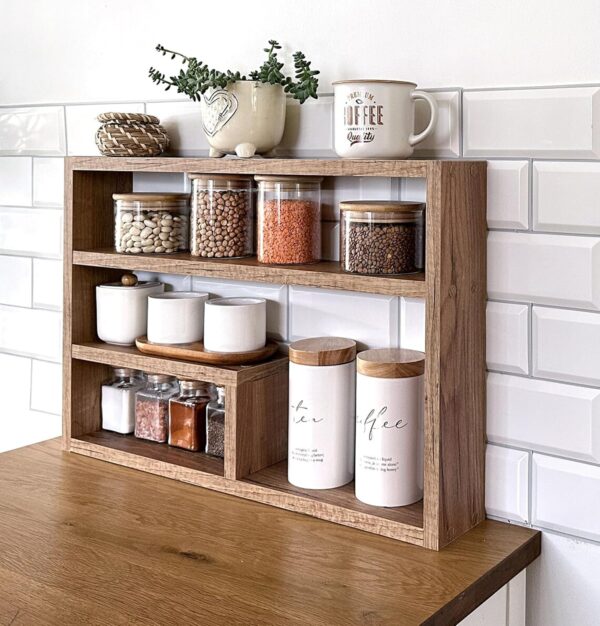 Insight Arts Wood Kitchen Counter Shelf, Countertop Spice Rack Organizer, Modern Farmhouse Decor - Brown M