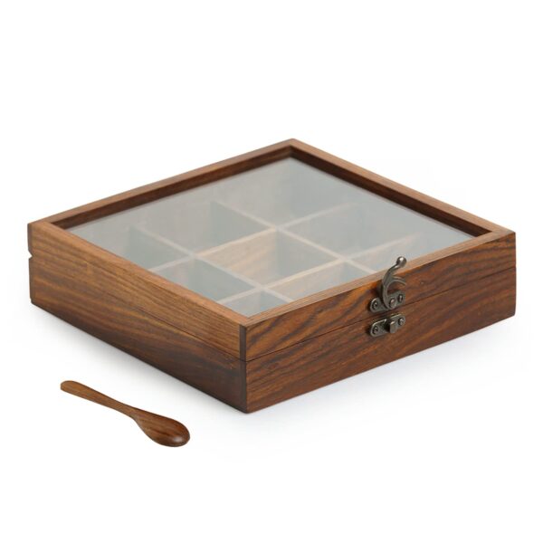 Wooden Masala Dabba Box with 9 Jars & Spoon - Image 8