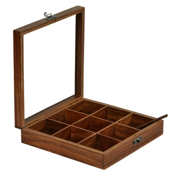 Wooden Masala Dabba Box with 9 Jars & Spoon - Image 3