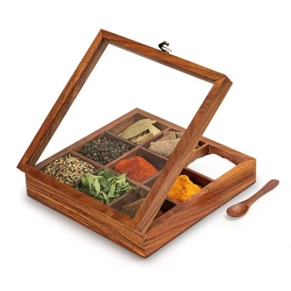 Wooden Masala Dabba Box with 9 Jars & Spoon - Image 4