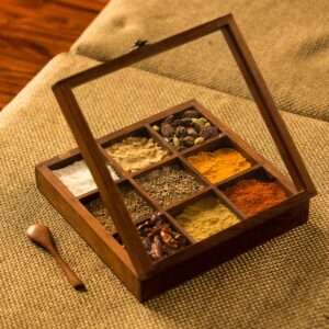 Wooden Masala Dabba Box with 9 Jars & Spoon